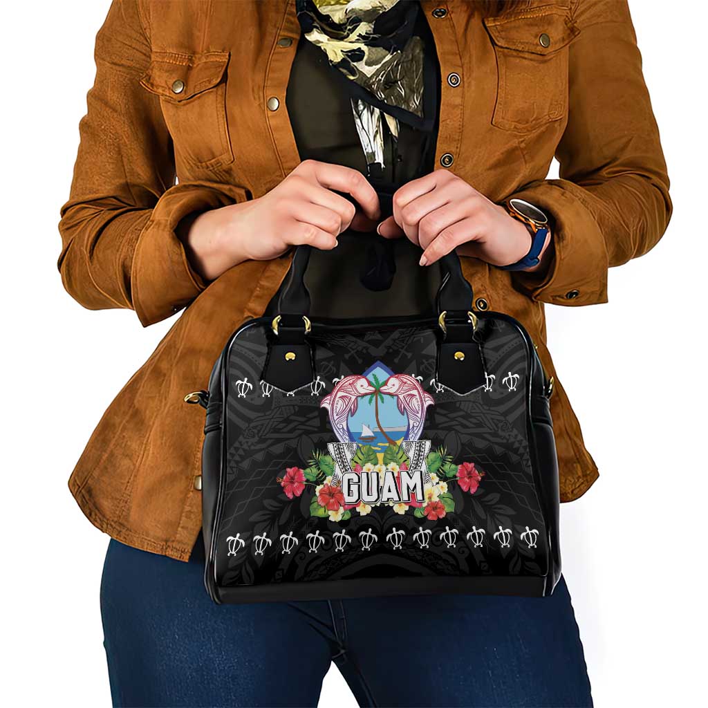 Guam Chamorro Shoulder Handbag Tribal Latte Stone With Dolphins Black LT05 - Polynesian Pride