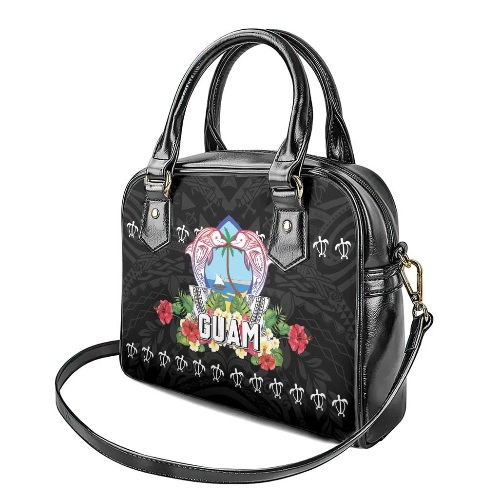 Guam Chamorro Shoulder Handbag Tribal Latte Stone With Dolphins Black LT05 - Polynesian Pride