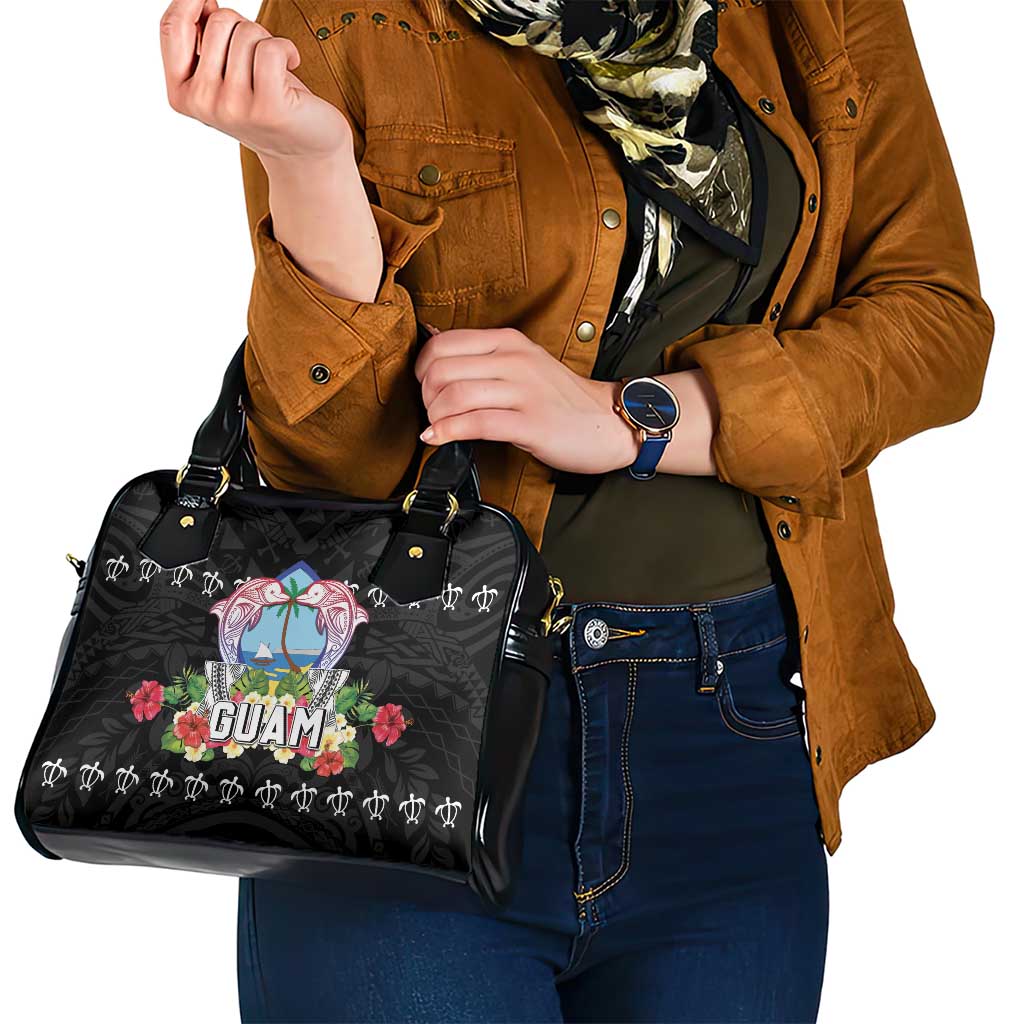Guam Chamorro Shoulder Handbag Tribal Latte Stone With Dolphins Black LT05 - Polynesian Pride