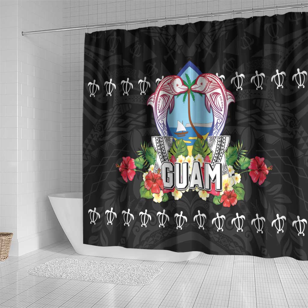 Guam Chamorro Shower Curtain Tribal Latte Stone With Dolphins Black LT05 - Polynesian Pride
