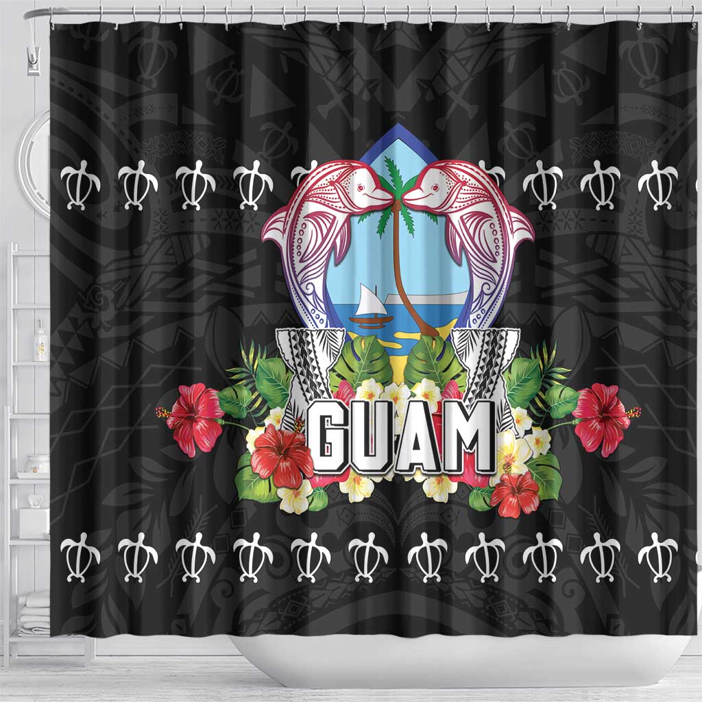 Guam Chamorro Shower Curtain Tribal Latte Stone With Dolphins Black LT05 - Polynesian Pride
