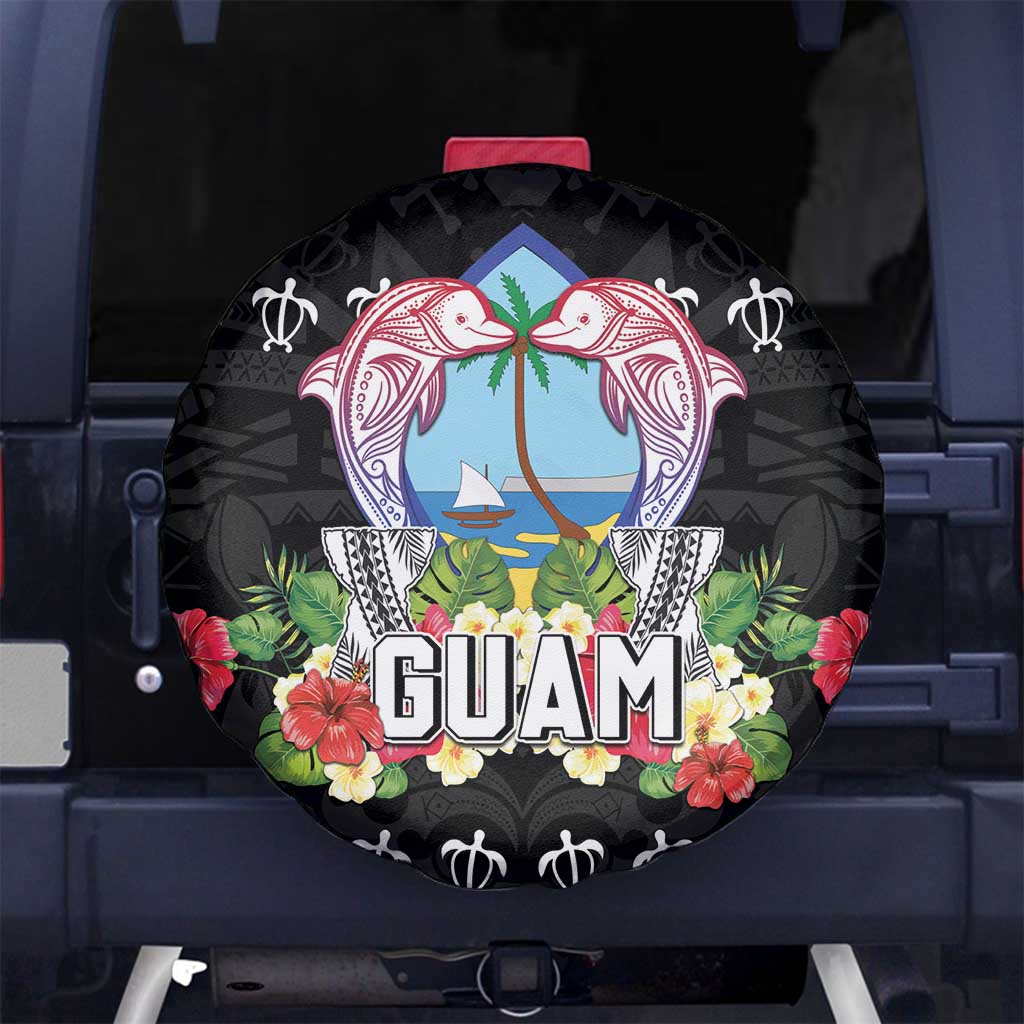 Guam Chamorro Spare Tire Cover Tribal Latte Stone With Dolphins Black LT05 No hole Black - Polynesian Pride