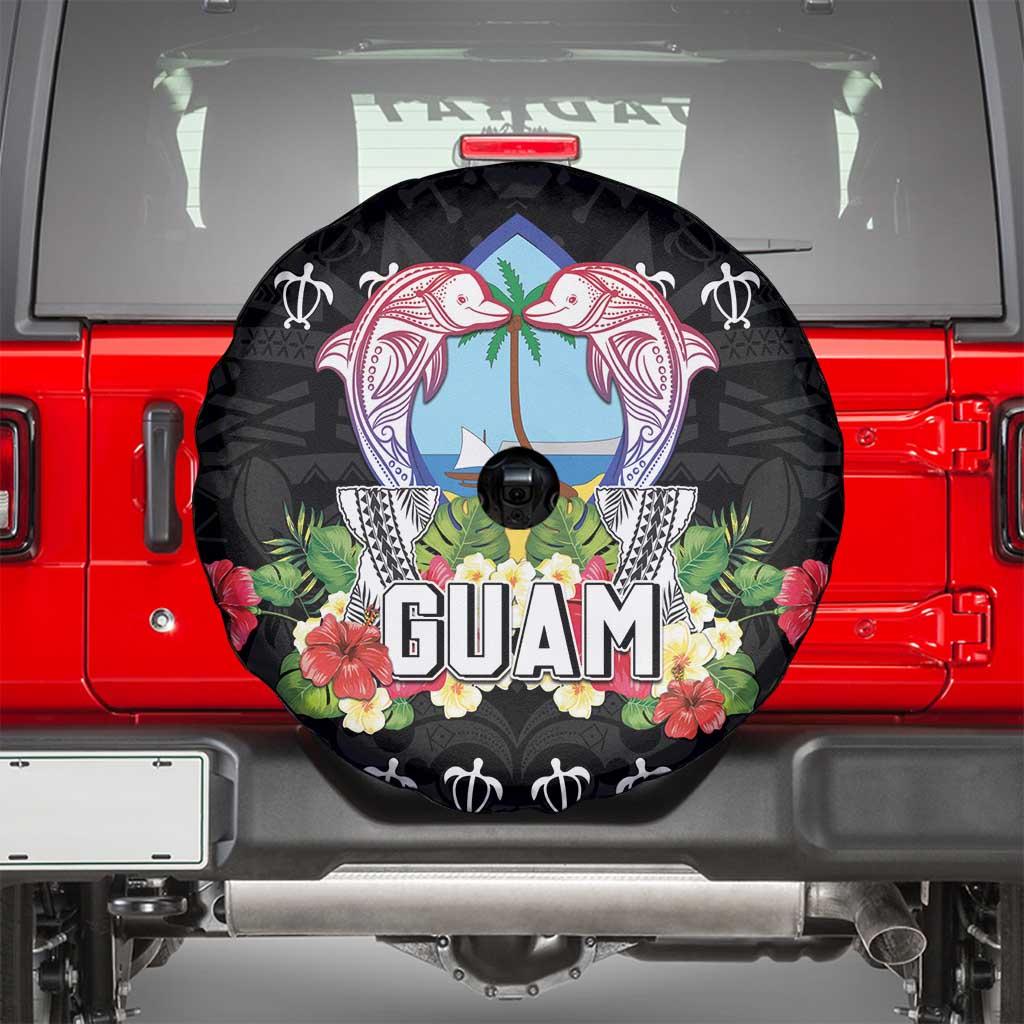 Guam Chamorro Spare Tire Cover Tribal Latte Stone With Dolphins Black LT05 - Polynesian Pride