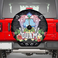 Guam Chamorro Spare Tire Cover Tribal Latte Stone With Dolphins Black LT05 - Polynesian Pride