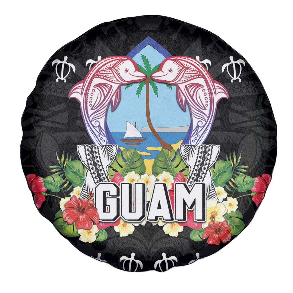 Guam Chamorro Spare Tire Cover Tribal Latte Stone With Dolphins Black LT05 - Polynesian Pride