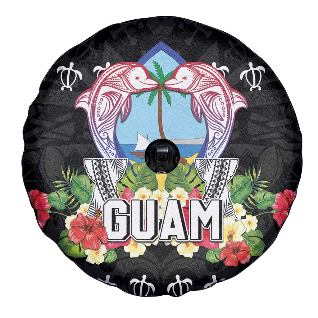 Guam Chamorro Spare Tire Cover Tribal Latte Stone With Dolphins Black LT05 - Polynesian Pride