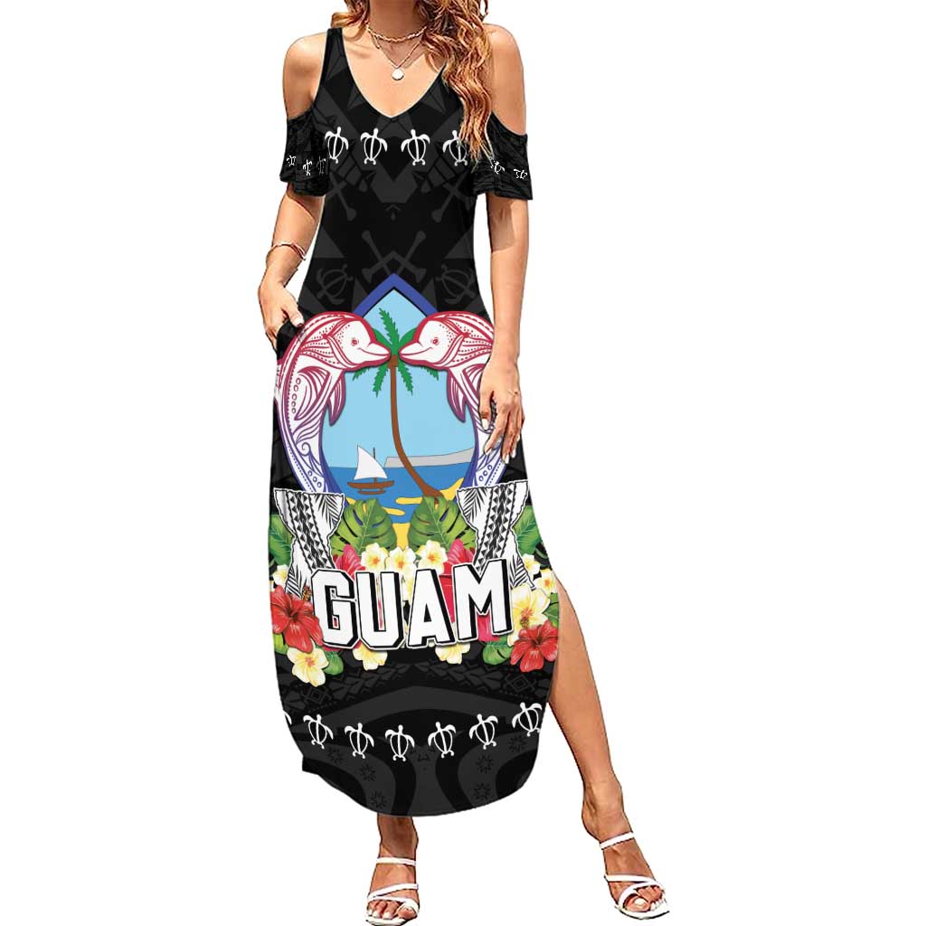 Guam Chamorro Summer Maxi Dress Tribal Latte Stone With Dolphins Black LT05 Women Black - Polynesian Pride