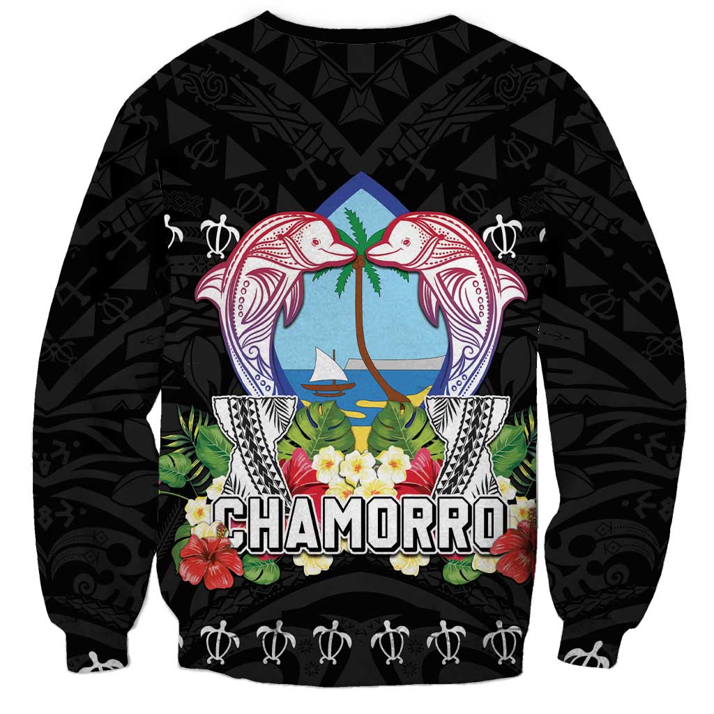 Guam Chamorro Sweatshirt Tribal Latte Stone With Dolphins Black LT05 - Polynesian Pride