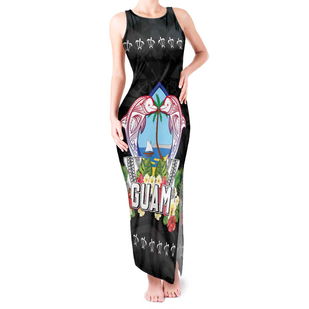 Guam Chamorro Tank Maxi Dress Tribal Latte Stone With Dolphins Black LT05 Women Black - Polynesian Pride