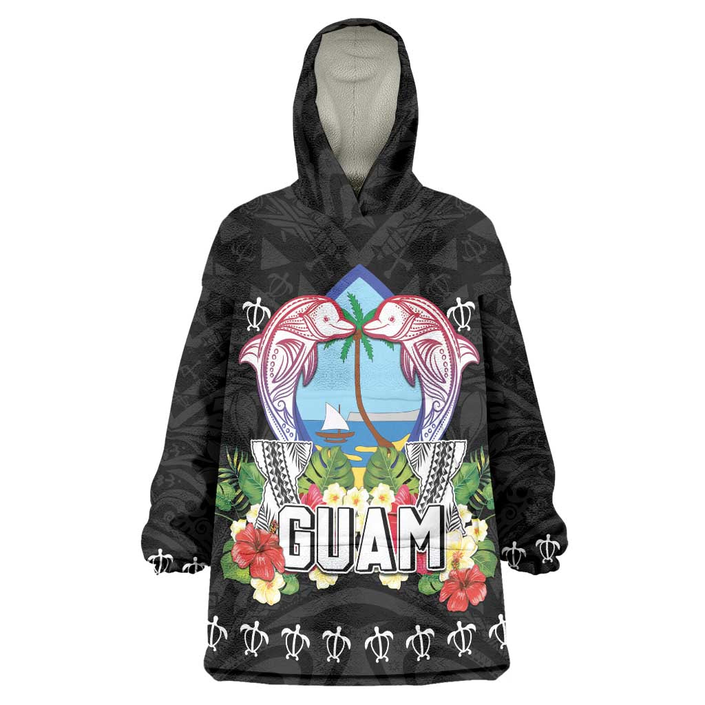 Guam Chamorro Wearable Blanket Hoodie Tribal Latte Stone With Dolphins Black LT05 One Size Black - Polynesian Pride