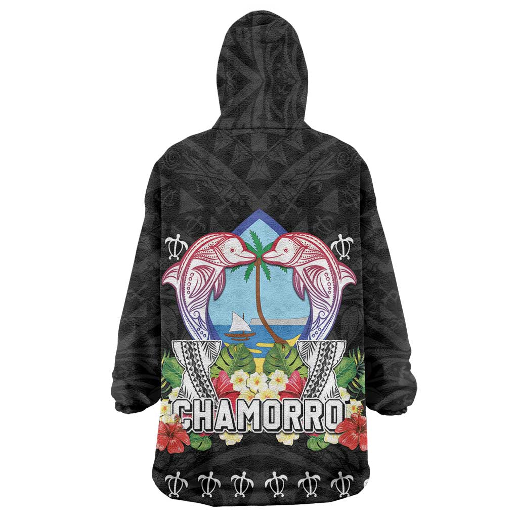 Guam Chamorro Wearable Blanket Hoodie Tribal Latte Stone With Dolphins Black LT05 - Polynesian Pride