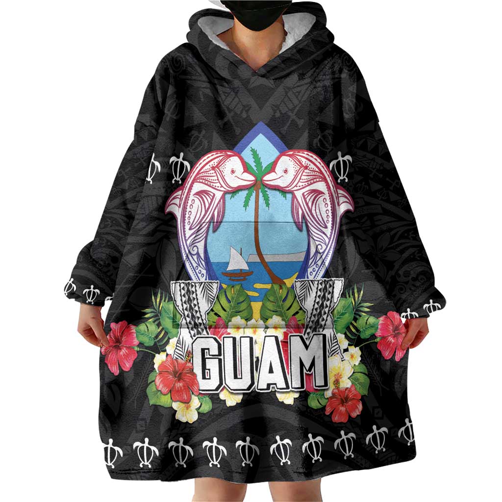 Guam Chamorro Wearable Blanket Hoodie Tribal Latte Stone With Dolphins Black LT05 - Polynesian Pride