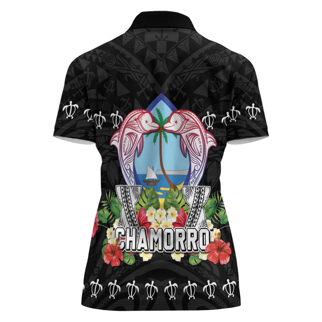 Guam Chamorro Women Polo Shirt Tribal Latte Stone With Dolphins Black LT05 - Polynesian Pride