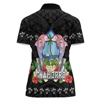 Guam Chamorro Women Polo Shirt Tribal Latte Stone With Dolphins Black LT05 - Polynesian Pride