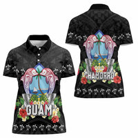 Guam Chamorro Women Polo Shirt Tribal Latte Stone With Dolphins Black LT05 - Polynesian Pride
