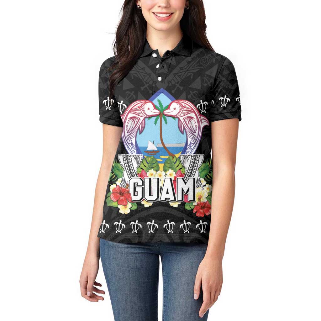 Guam Chamorro Women Polo Shirt Tribal Latte Stone With Dolphins Black LT05 - Polynesian Pride