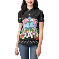 Guam Chamorro Women Polo Shirt Tribal Latte Stone With Dolphins Black LT05 - Polynesian Pride