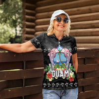 Guam Chamorro Women Polo Shirt Tribal Latte Stone With Dolphins Black LT05 - Polynesian Pride