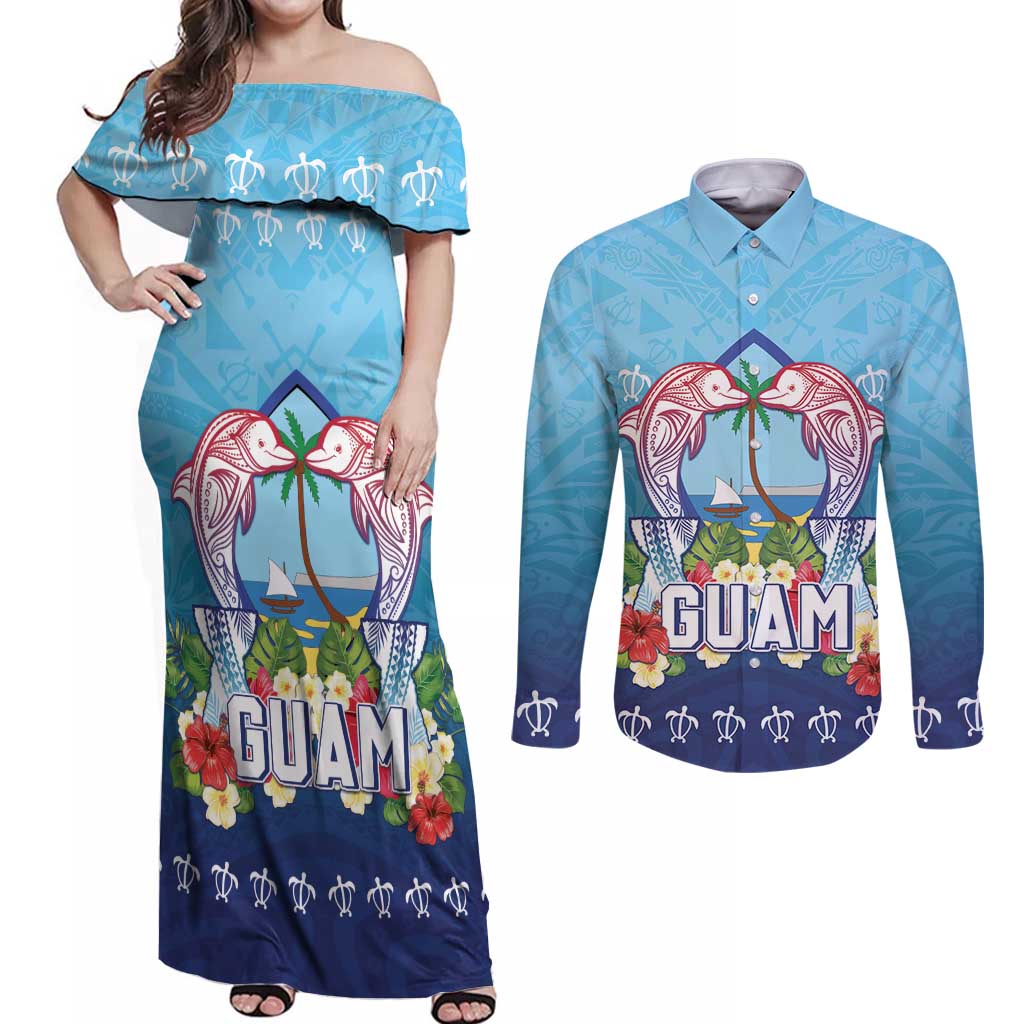 Guam Chamorro Couples Matching Off Shoulder Maxi Dress and Long Sleeve Button Shirt Tribal Latte Stone With Dolphins Blue LT05 Blue - Polynesian Pride