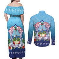 Guam Chamorro Couples Matching Off Shoulder Maxi Dress and Long Sleeve Button Shirt Tribal Latte Stone With Dolphins Blue LT05 - Polynesian Pride