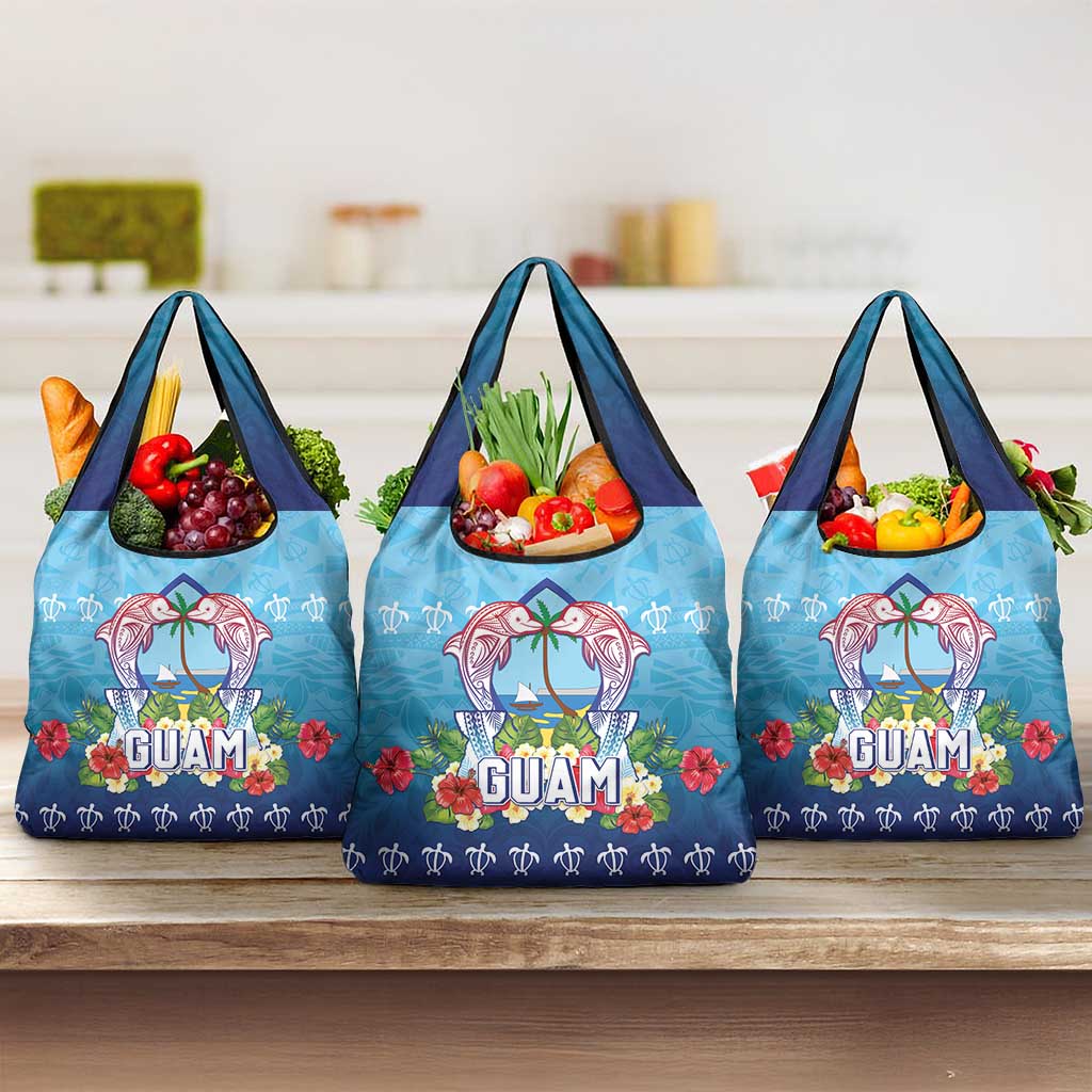 Guam Chamorro Grocery Bag Tribal Latte Stone With Dolphins Blue LT05 3-pack One Size Blue - Polynesian Pride