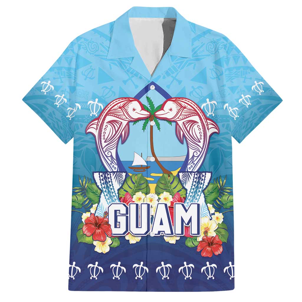 Guam Chamorro Hawaiian Shirt Tribal Latte Stone With Dolphins Blue LT05 Blue - Polynesian Pride