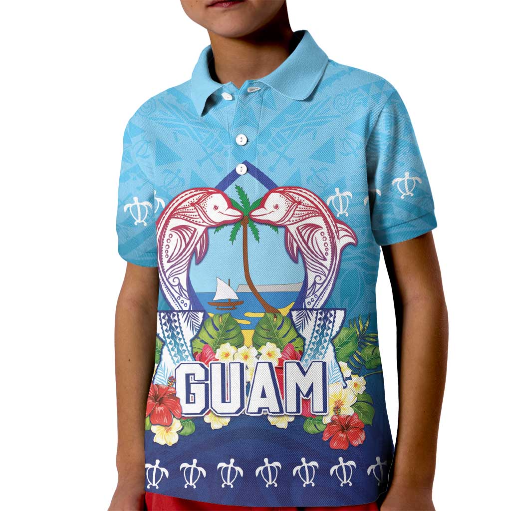 Guam Chamorro Kid Polo Shirt Tribal Latte Stone With Dolphins Blue LT05 Kid Blue - Polynesian Pride