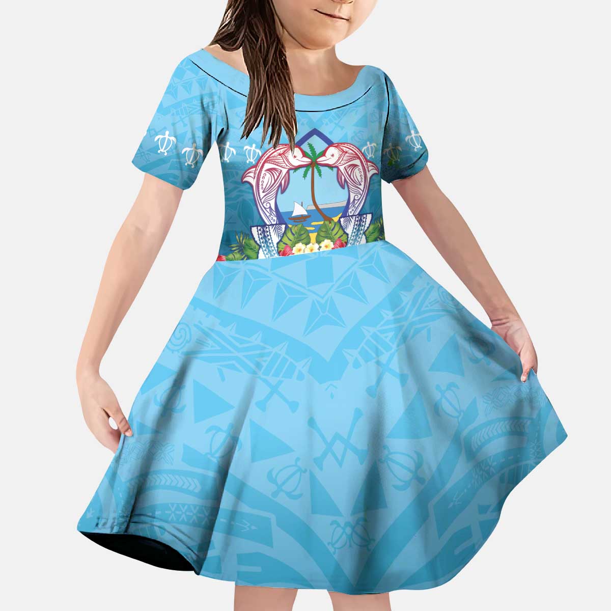 Guam Chamorro Kid Short Sleeve Dress Tribal Latte Stone With Dolphins Blue LT05 KID Blue - Polynesian Pride