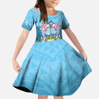 Guam Chamorro Kid Short Sleeve Dress Tribal Latte Stone With Dolphins Blue LT05 KID Blue - Polynesian Pride