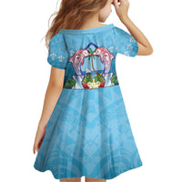 Guam Chamorro Kid Short Sleeve Dress Tribal Latte Stone With Dolphins Blue LT05 - Polynesian Pride