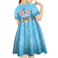 Guam Chamorro Kid Short Sleeve Dress Tribal Latte Stone With Dolphins Blue LT05 - Polynesian Pride