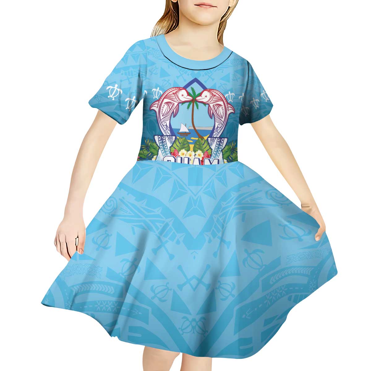 Guam Chamorro Kid Short Sleeve Dress Tribal Latte Stone With Dolphins Blue LT05 - Polynesian Pride