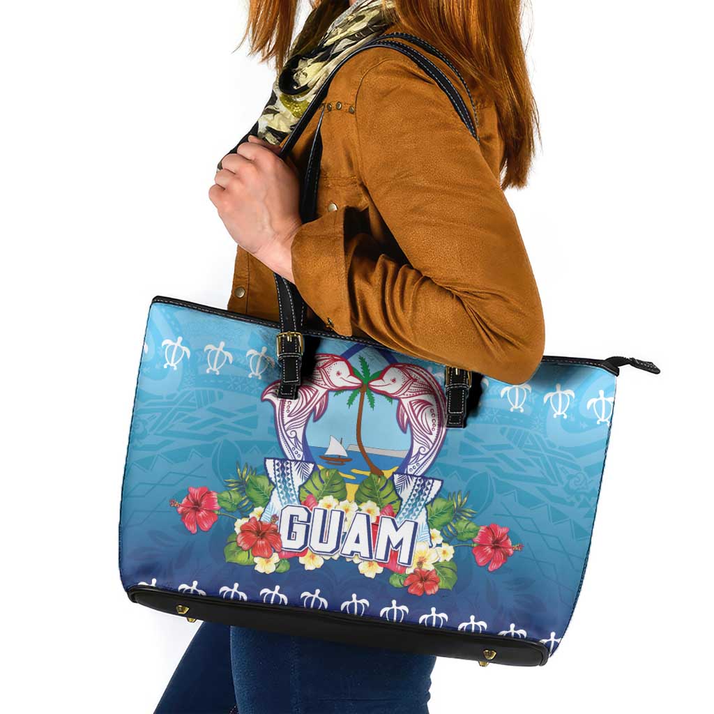 Guam Chamorro Leather Tote Bag Tribal Latte Stone With Dolphins Blue LT05 Blue - Polynesian Pride