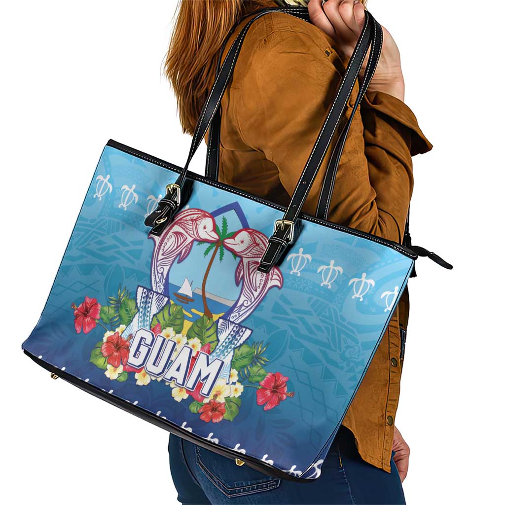 Guam Chamorro Leather Tote Bag Tribal Latte Stone With Dolphins Blue LT05 - Polynesian Pride