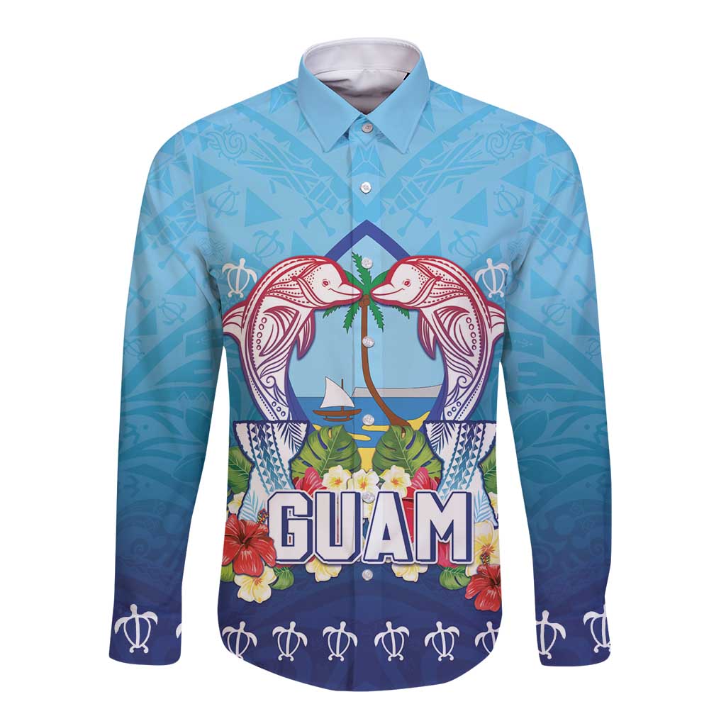 Guam Chamorro Long Sleeve Button Shirt Tribal Latte Stone With Dolphins Blue LT05 Unisex Blue - Polynesian Pride