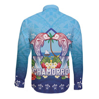 Guam Chamorro Long Sleeve Button Shirt Tribal Latte Stone With Dolphins Blue LT05 - Polynesian Pride