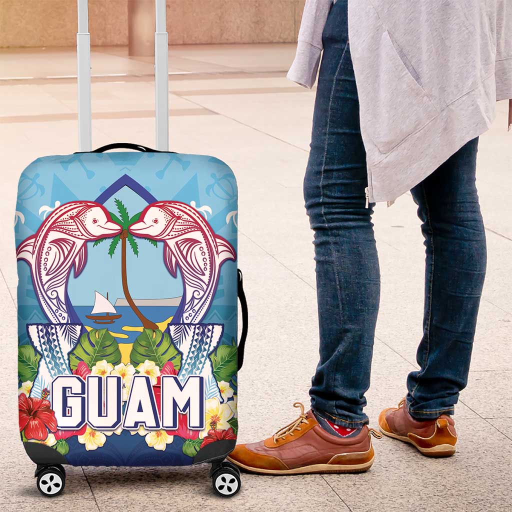 Guam Chamorro Luggage Cover Tribal Latte Stone With Dolphins Blue LT05 Blue - Polynesian Pride