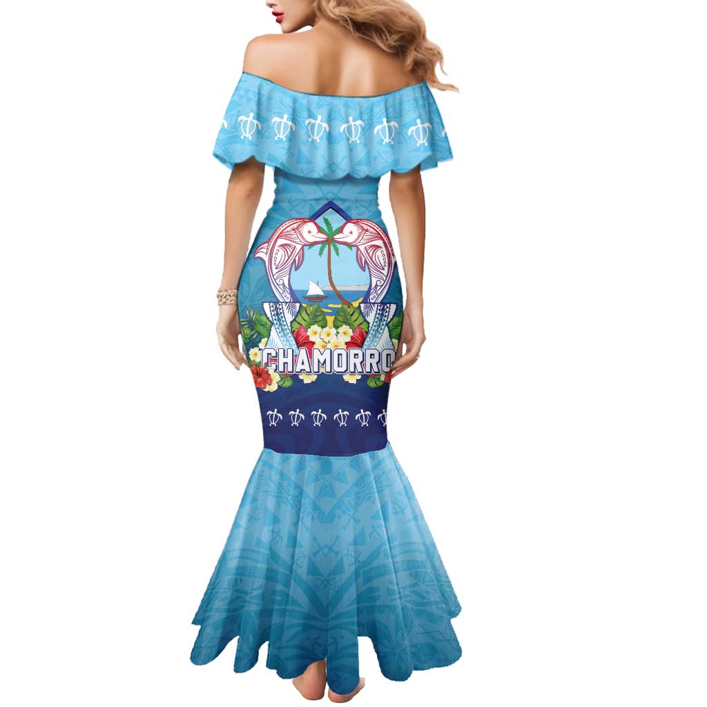 Guam Chamorro Mermaid Dress Tribal Latte Stone With Dolphins Blue LT05 - Polynesian Pride
