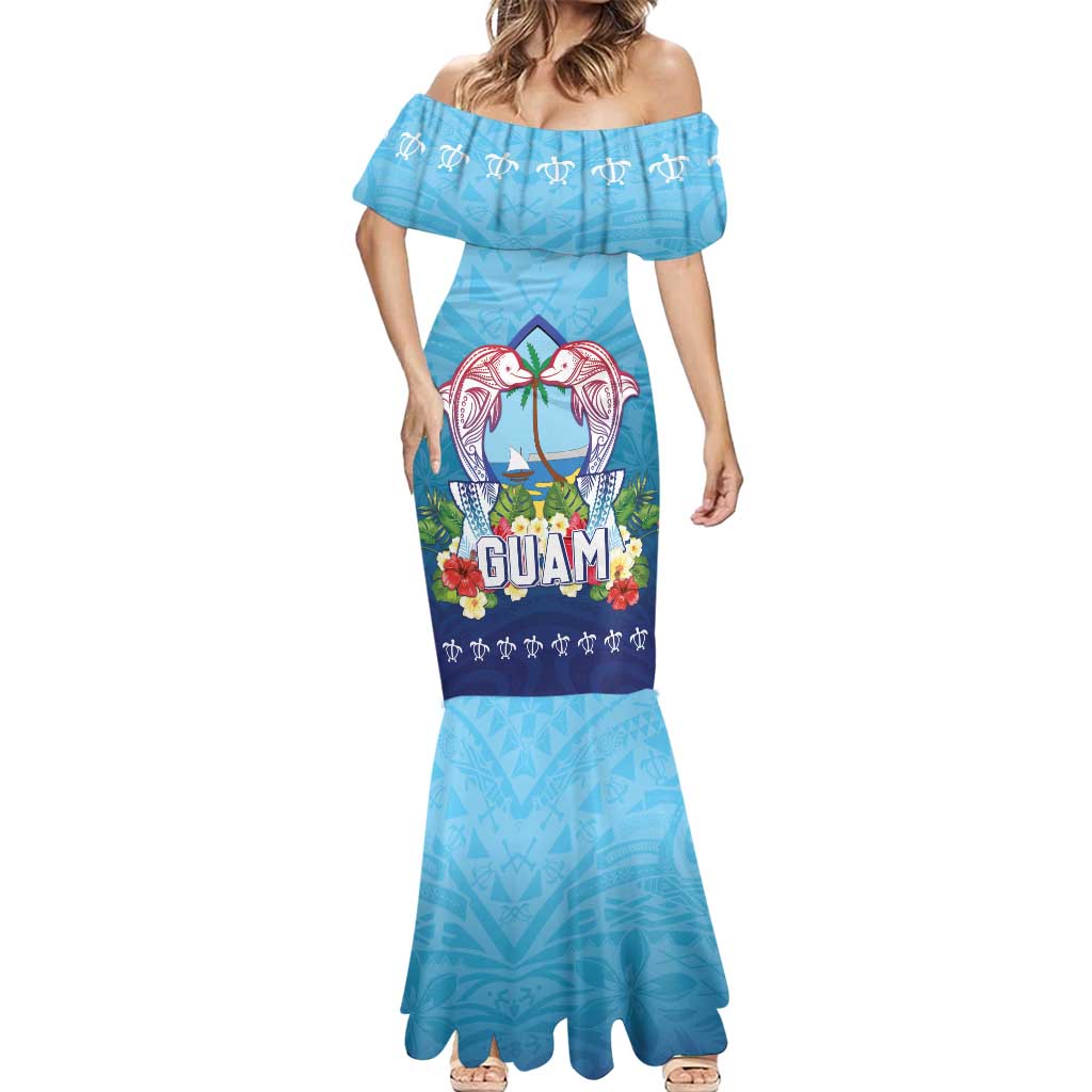 Guam Chamorro Mermaid Dress Tribal Latte Stone With Dolphins Blue LT05 - Polynesian Pride