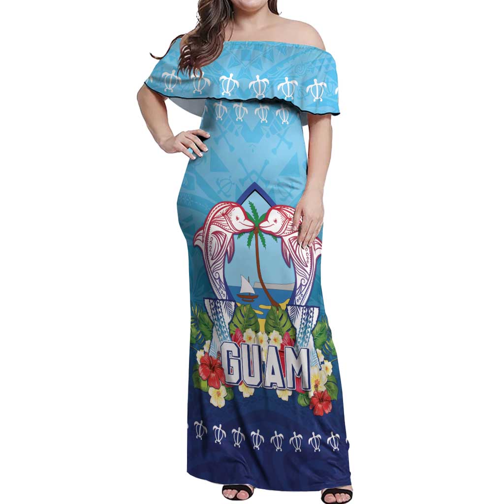 Guam Chamorro Off Shoulder Maxi Dress Tribal Latte Stone With Dolphins Blue LT05 Women Blue - Polynesian Pride
