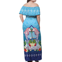 Guam Chamorro Off Shoulder Maxi Dress Tribal Latte Stone With Dolphins Blue LT05 - Polynesian Pride