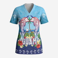 Guam Chamorro Scrub Top Tribal Latte Stone With Dolphins Blue LT05 Adult Blue - Polynesian Pride
