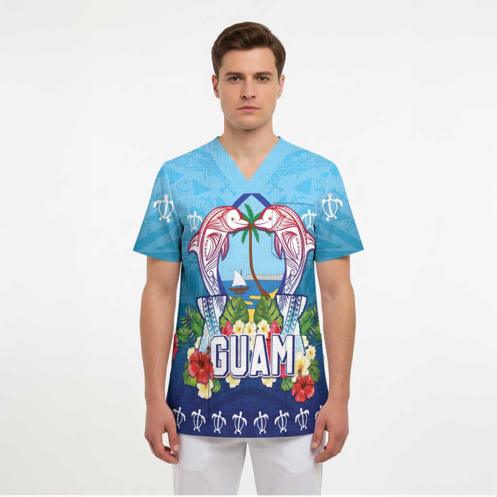 Guam Chamorro Scrub Top Tribal Latte Stone With Dolphins Blue LT05 - Polynesian Pride