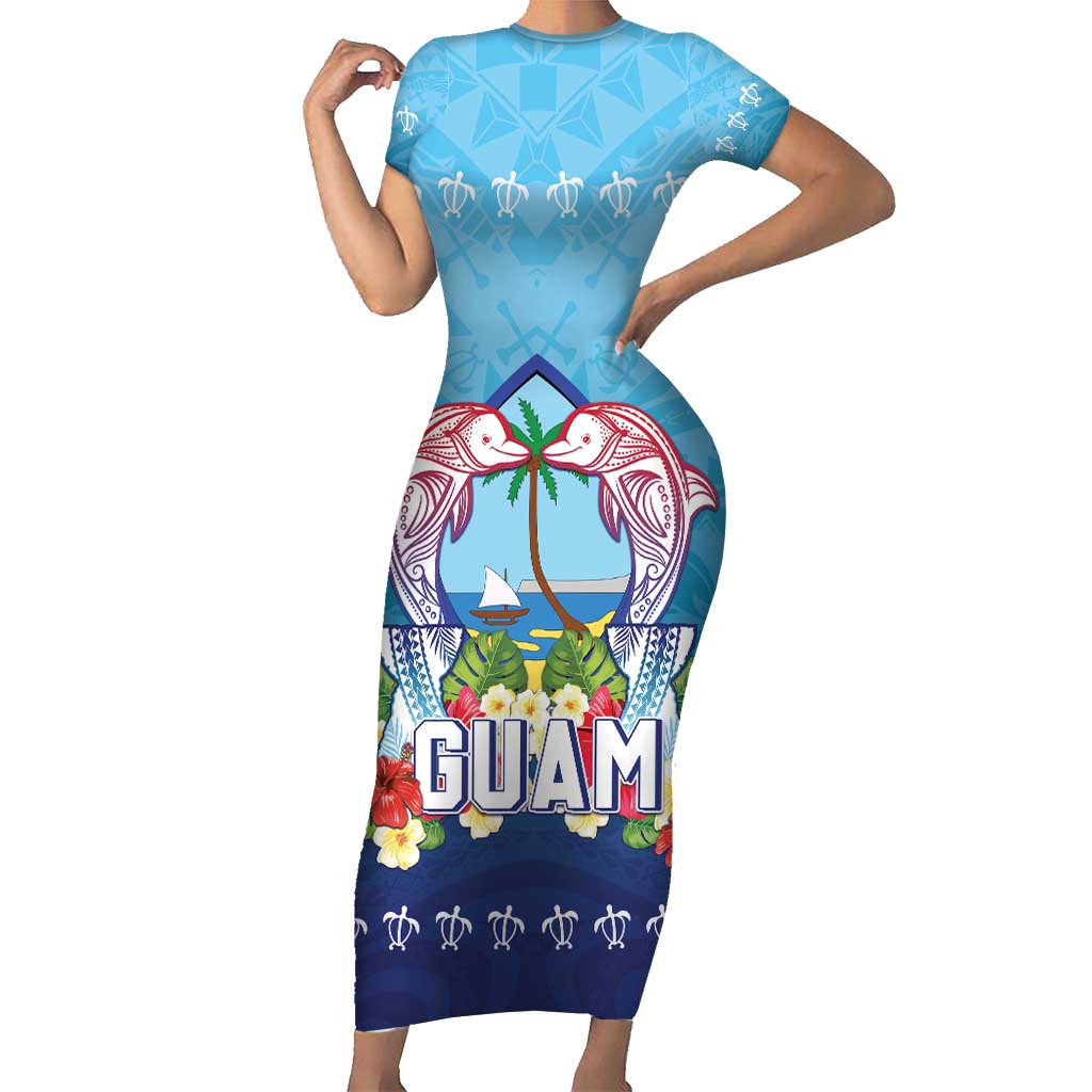 Guam Chamorro Short Sleeve Bodycon Dress Tribal Latte Stone With Dolphins Blue LT05 Long Dress Blue - Polynesian Pride