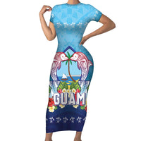 Guam Chamorro Short Sleeve Bodycon Dress Tribal Latte Stone With Dolphins Blue LT05 Long Dress Blue - Polynesian Pride