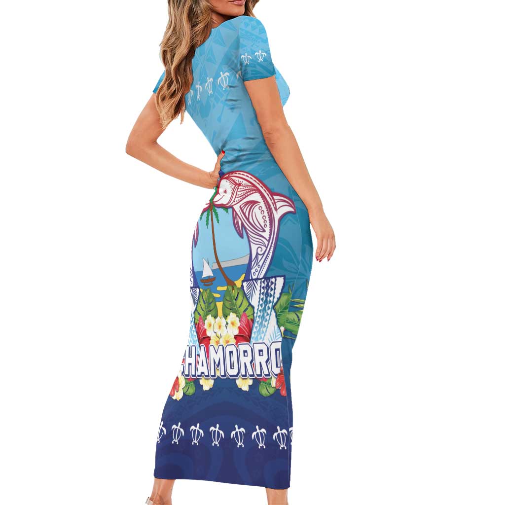 Guam Chamorro Short Sleeve Bodycon Dress Tribal Latte Stone With Dolphins Blue LT05 - Polynesian Pride