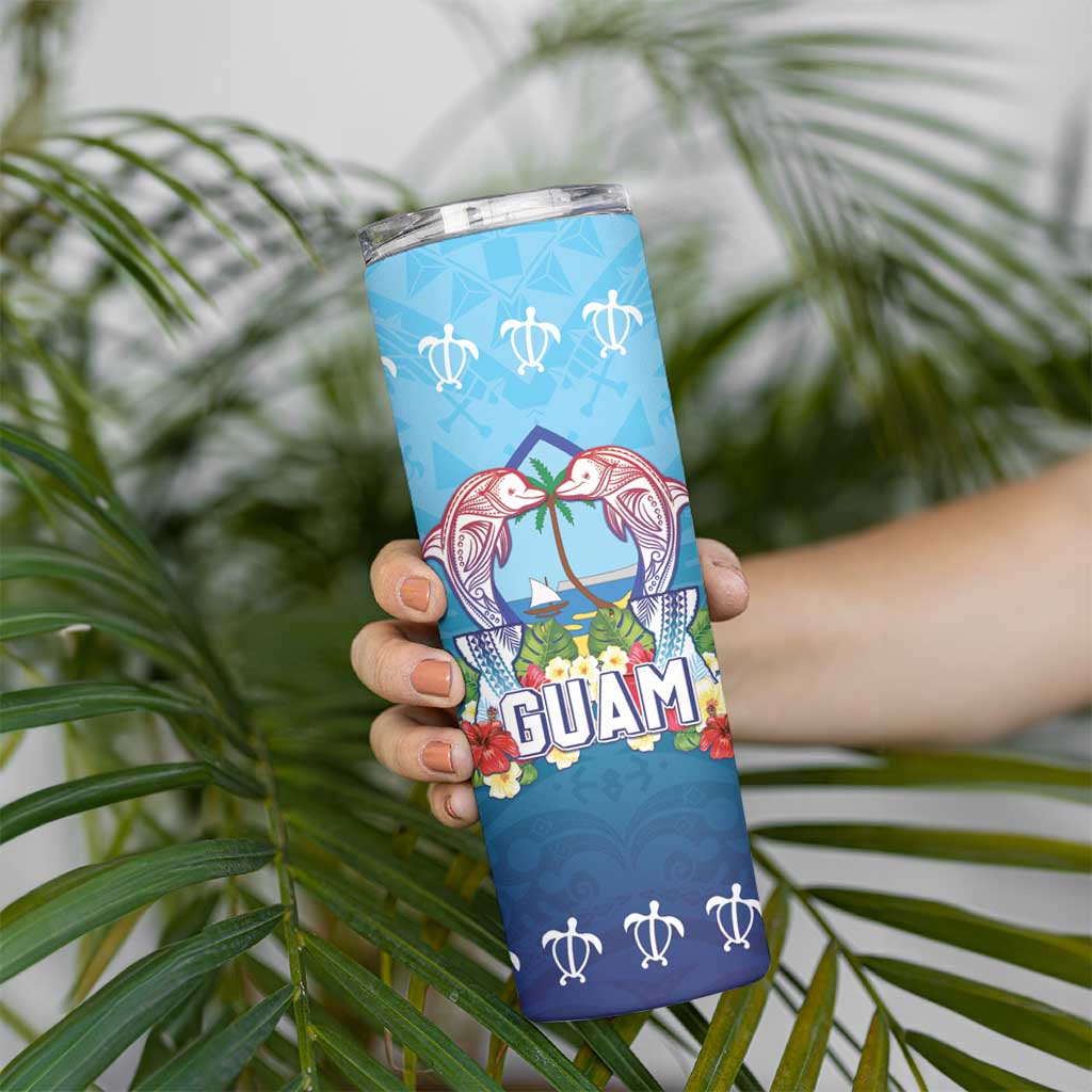 Guam Chamorro Skinny Tumbler Tribal Latte Stone With Dolphins Blue LT05 - Polynesian Pride