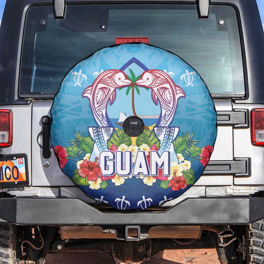 Guam Chamorro Spare Tire Cover Tribal Latte Stone With Dolphins Blue LT05 Blue - Polynesian Pride