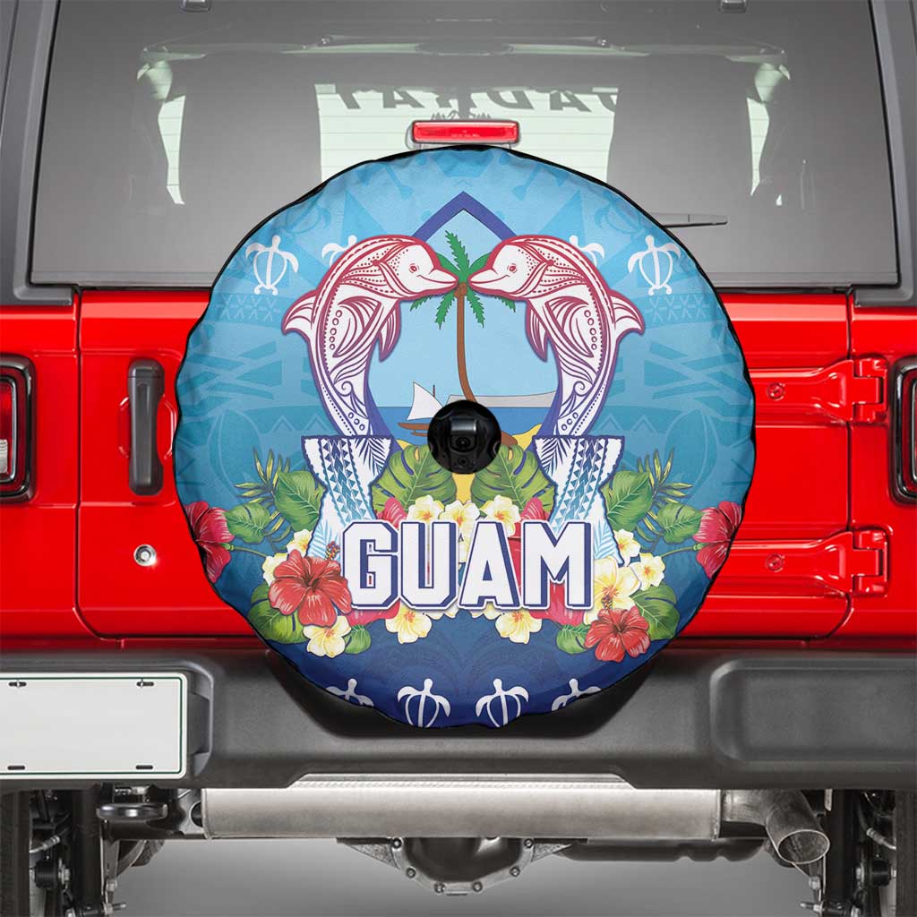 Guam Chamorro Spare Tire Cover Tribal Latte Stone With Dolphins Blue LT05 - Polynesian Pride
