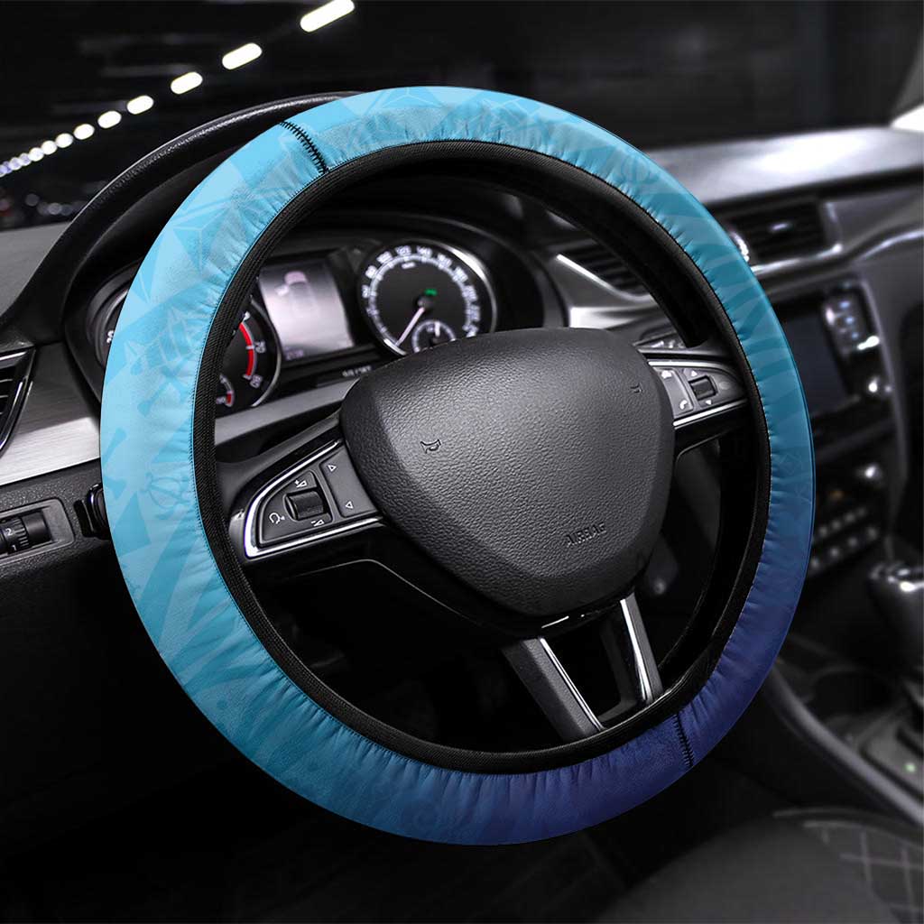 Guam Chamorro Steering Wheel Cover Tribal Latte Stone With Dolphins Blue LT05 Universal Fit Blue - Polynesian Pride